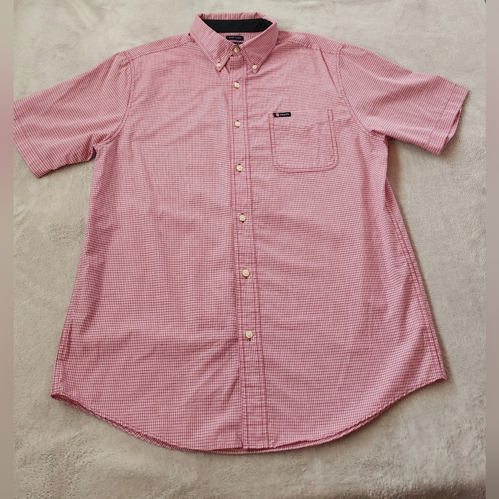 CHAPS MENS EASY CARE PINK CHECKERED SHORT SLEEVES CASUAL DRESS SHIRT SZ MEDIUM M